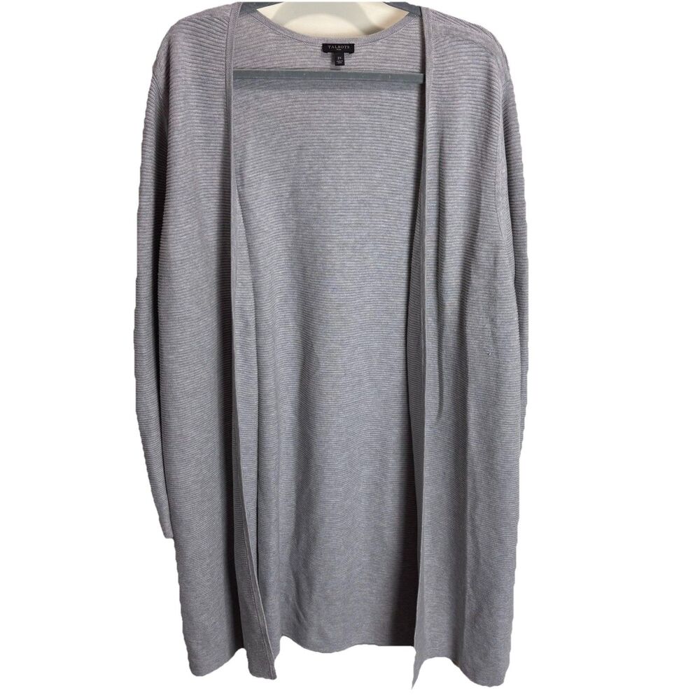 TALBOTS Cardigan 2X Plus Cotton Modal Ribbed Duster Open Front Long Sleeve Gray